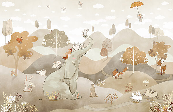 An elephant and rabbits in a landscape An elephant and rabbits in a landscape