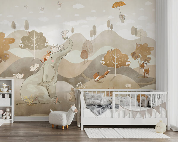 An elephant and rabbits in a landscape An elephant and rabbits in a landscape