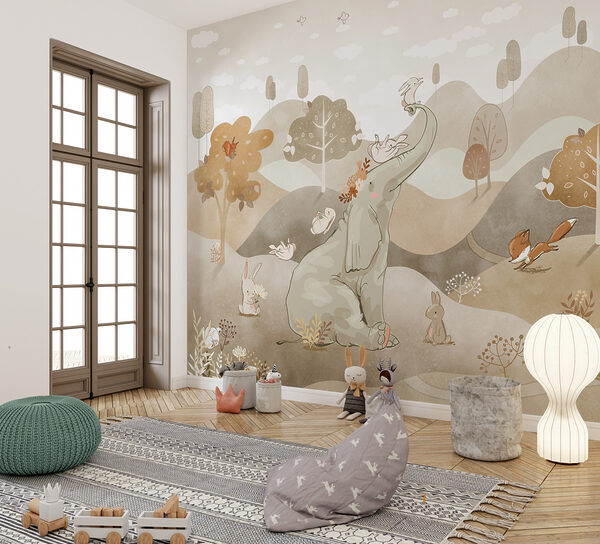 An elephant and rabbits in a landscape An elephant and rabbits in a landscape