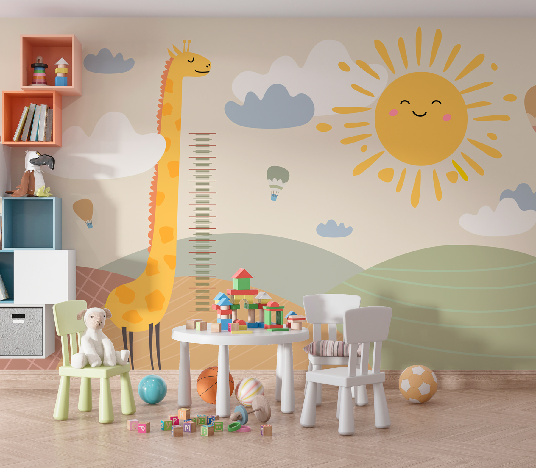 A giraffe standing in a field with a sun and clouds A giraffe standing in a field with a sun and clouds