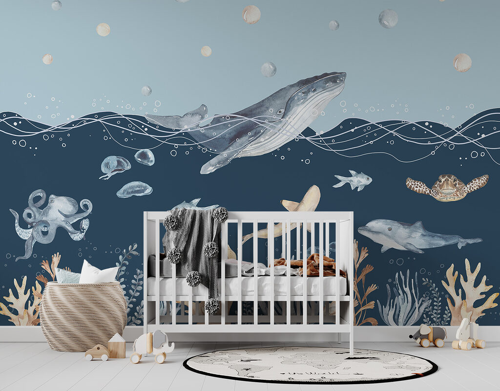 A watercolor of a whale and fish A watercolor of a whale and fish