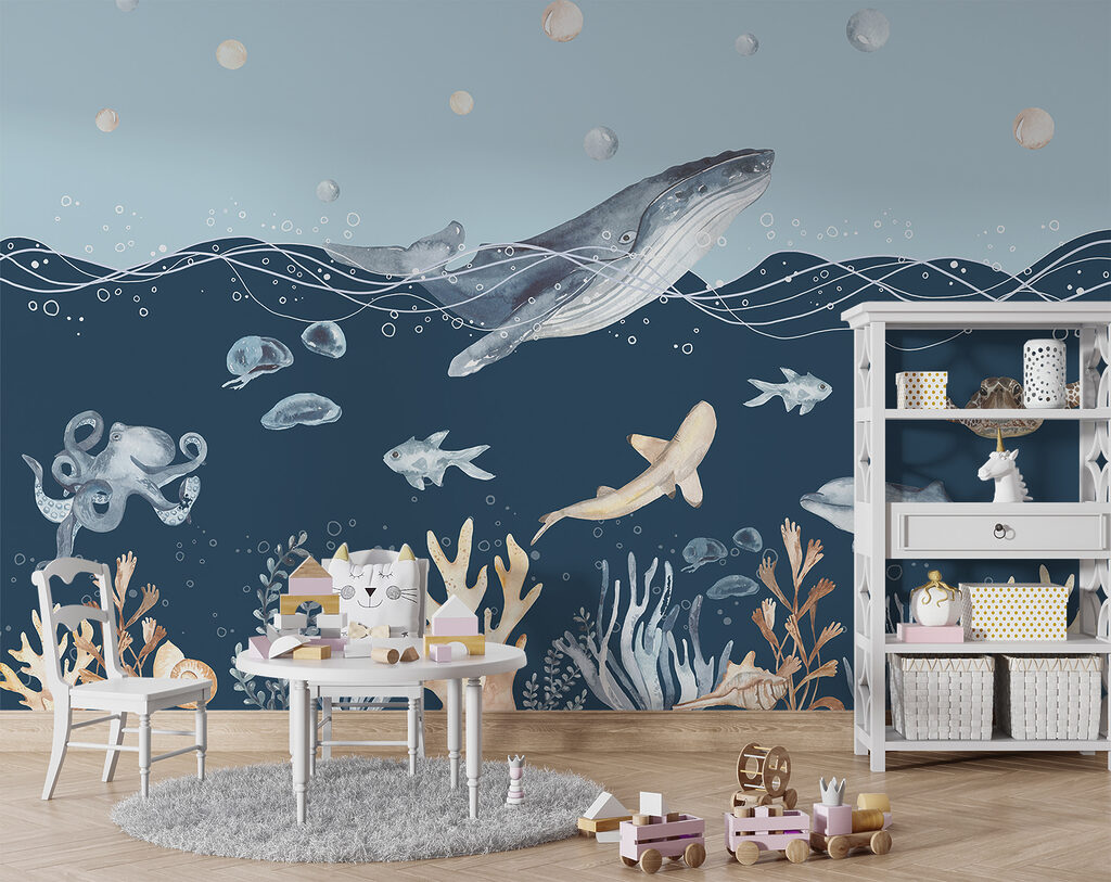 A watercolor of a whale and fish A watercolor of a whale and fish