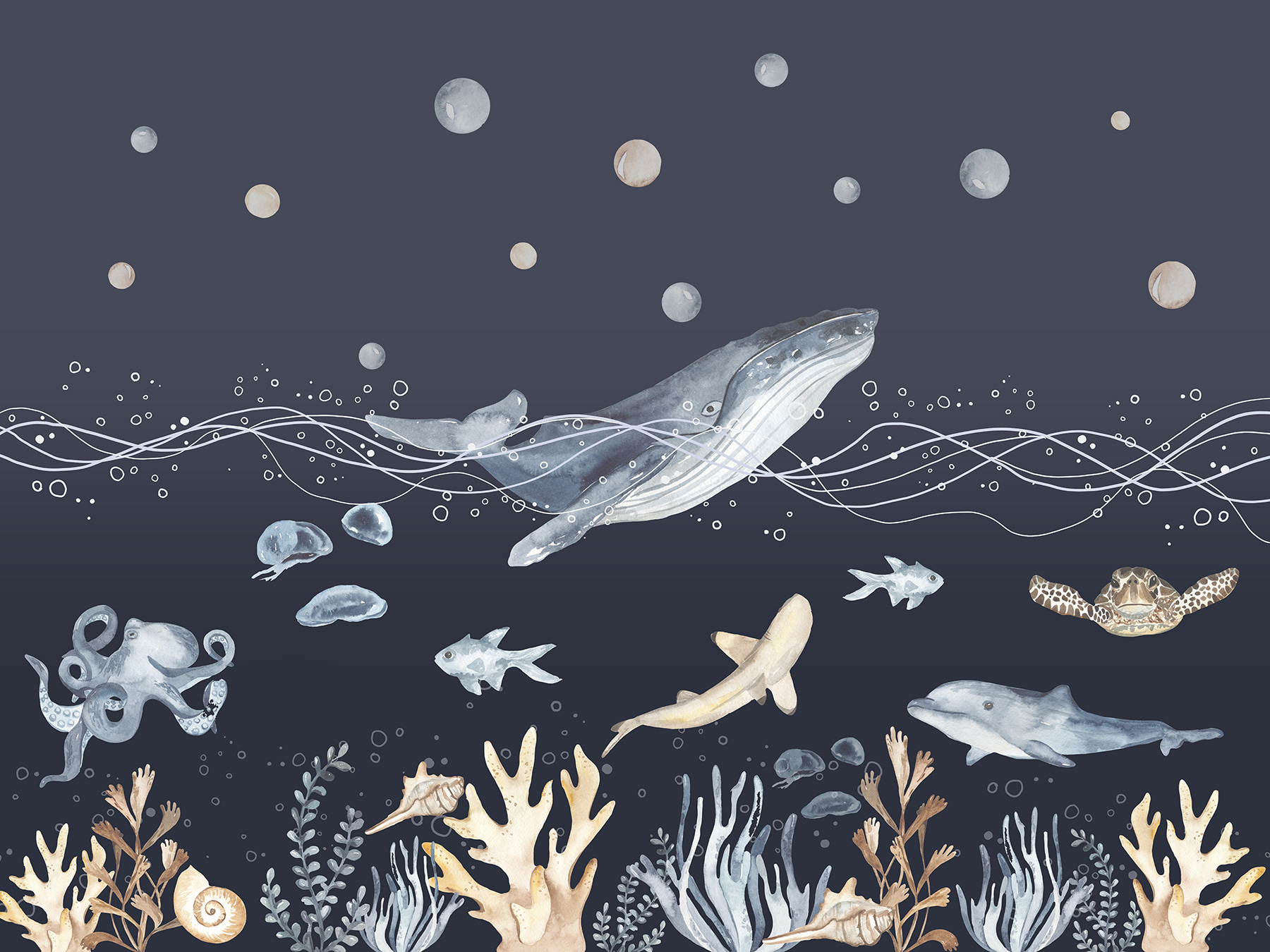 A watercolor of a whale and fish A watercolor of a whale and fish