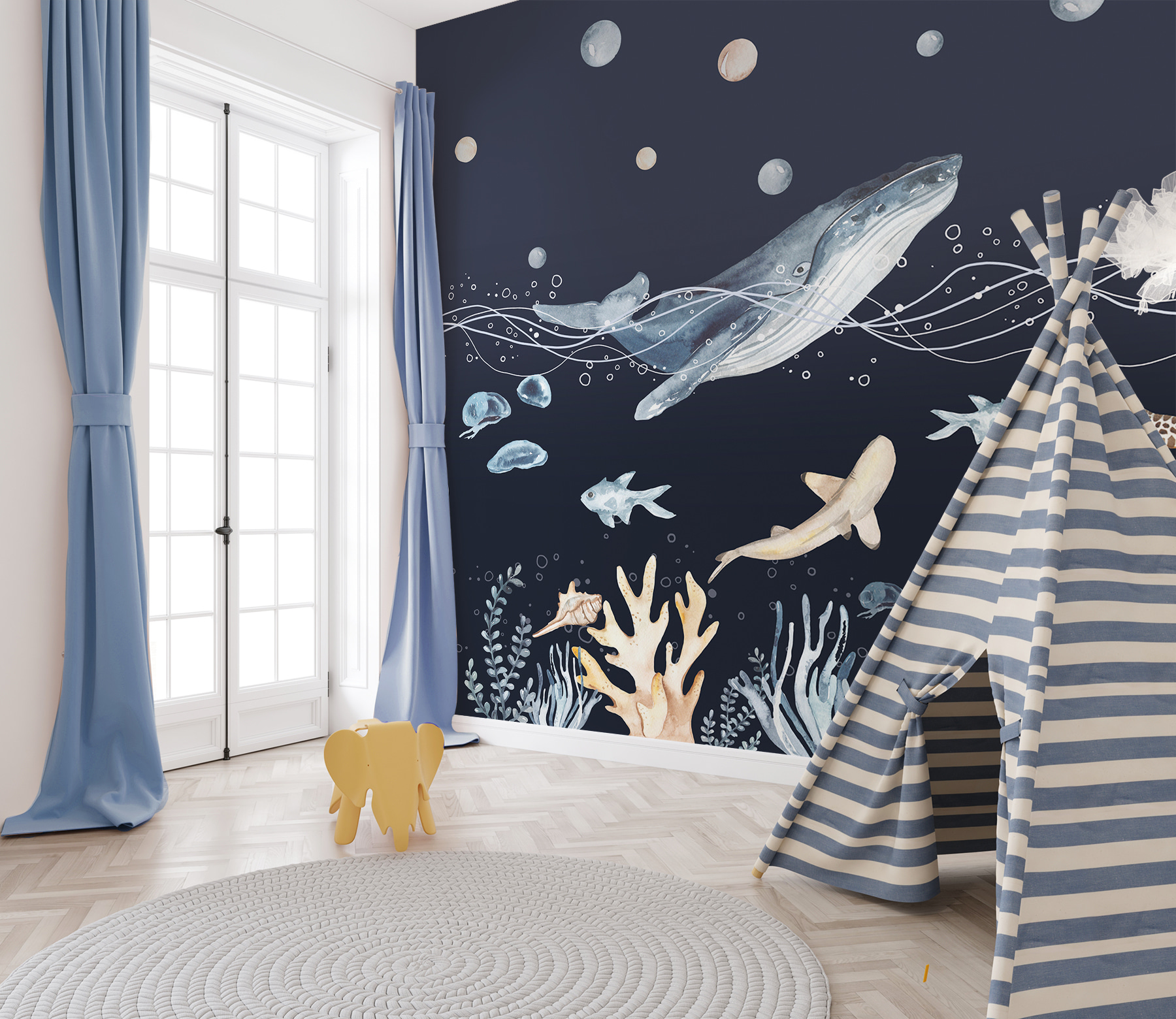 A watercolor of a whale and fish A watercolor of a whale and fish