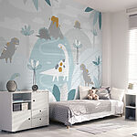 Wall murals A cartoon dinosaur with a volcano and plants