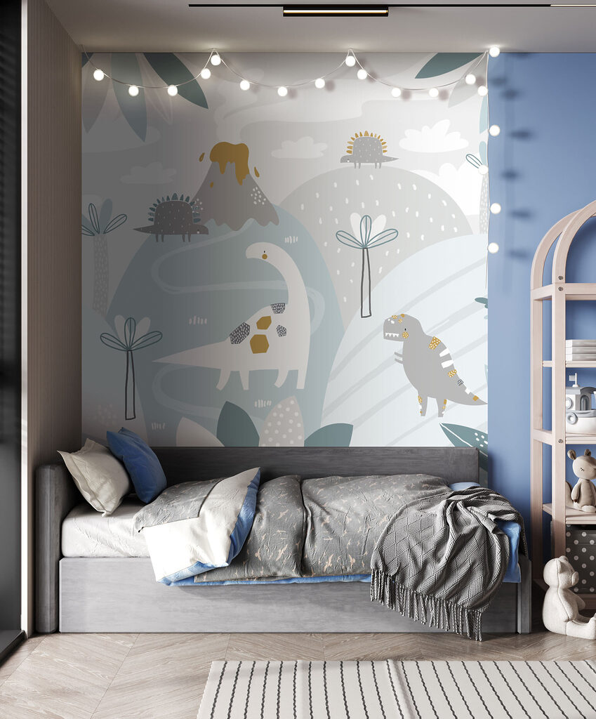 A cartoon dinosaur with a volcano and plants A cartoon dinosaur with a volcano and plants