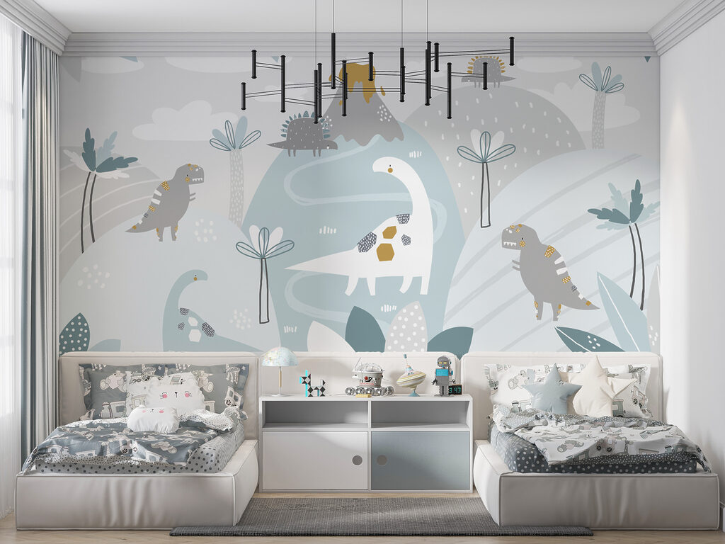 A cartoon dinosaur with a volcano and plants A cartoon dinosaur with a volcano and plants