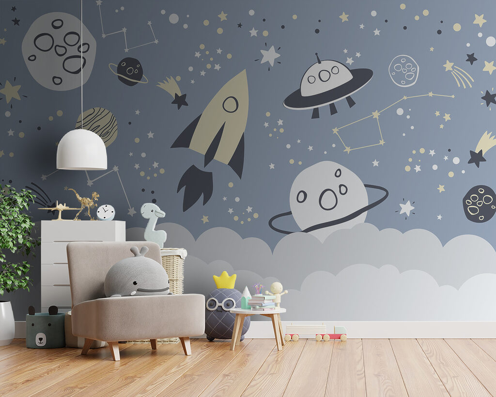 A cartoon space scene with planets and stars