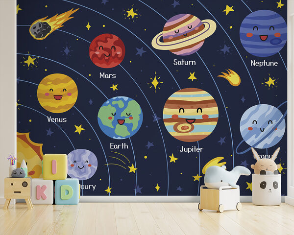 Cartoon planets and stars in space