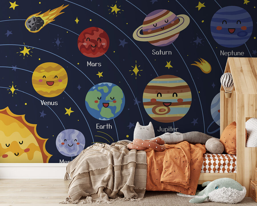 Cartoon planets and stars in space