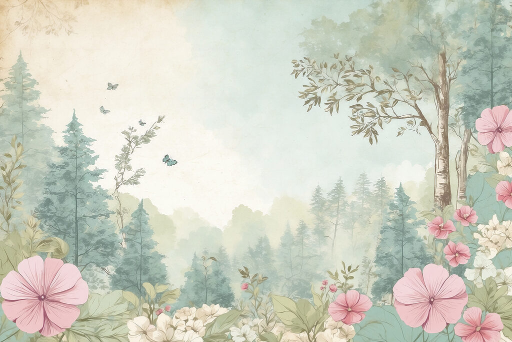 A painting of flowers and trees