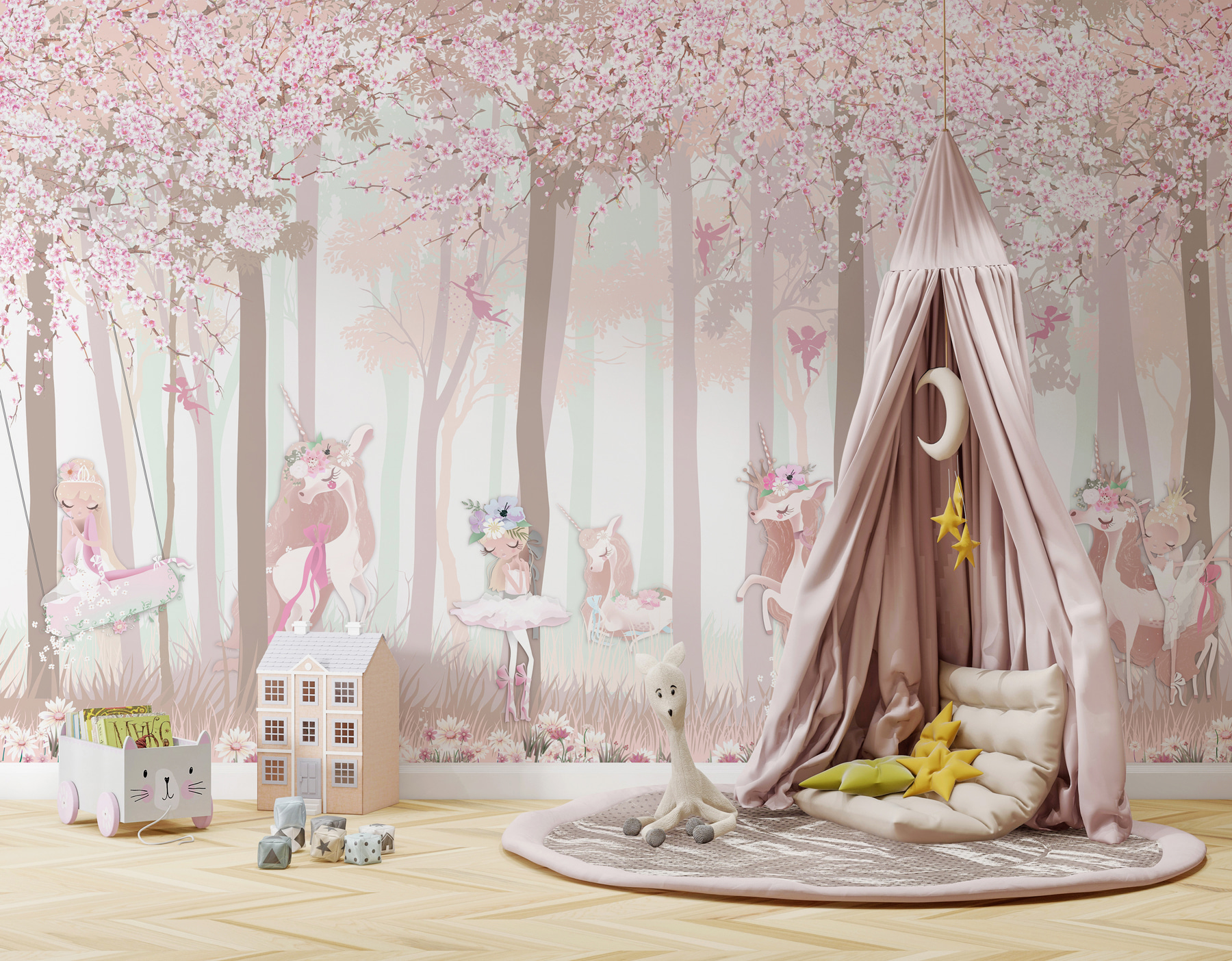 A wallpaper with a group of unicorns and fairies