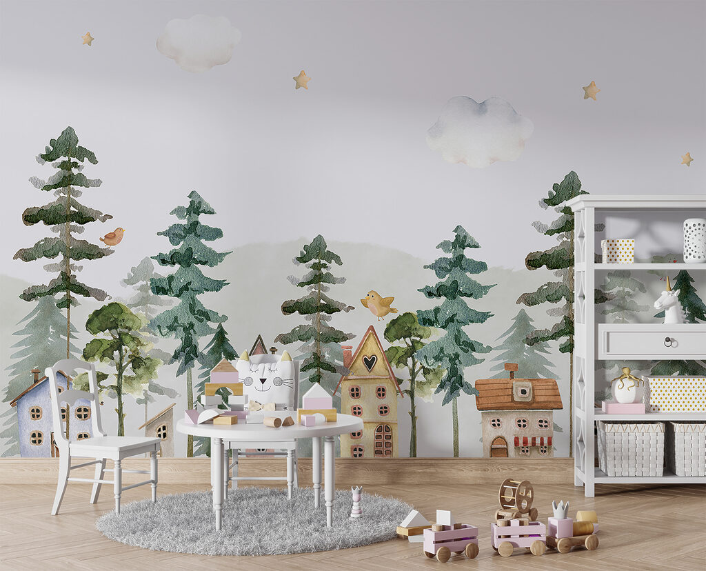 A watercolor painting of houses and trees A watercolor painting of houses and trees