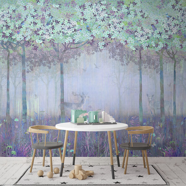 A painting of a forest with trees and flowers A painting of a forest with trees and flowers