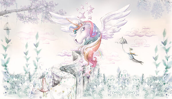 A unicorn with wings and a person flying A unicorn with wings and a person flying