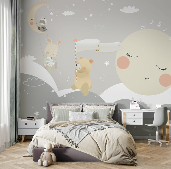A cartoon of a moon and a bear A cartoon of a moon and a bear