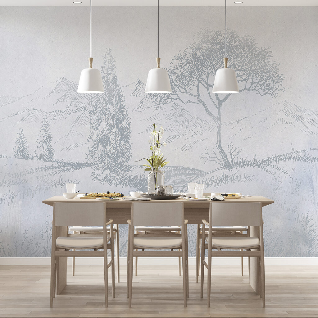 A drawing of a river with trees and mountains A drawing of a river with trees and mountains