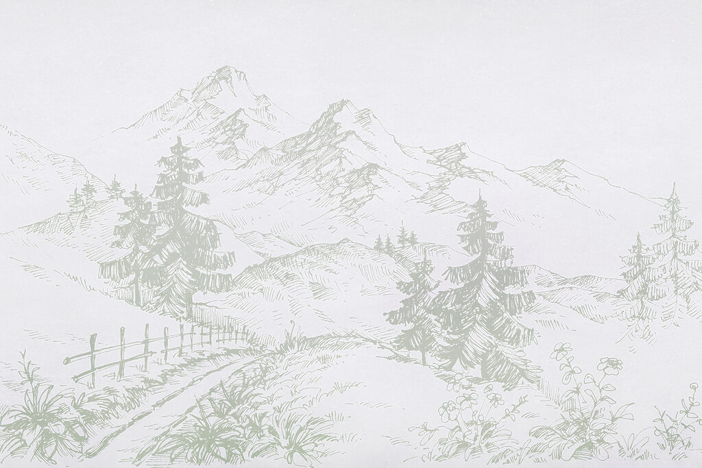 A drawing of a road and trees A drawing of a road and trees
