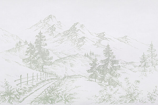 A drawing of a road and trees A drawing of a road and trees