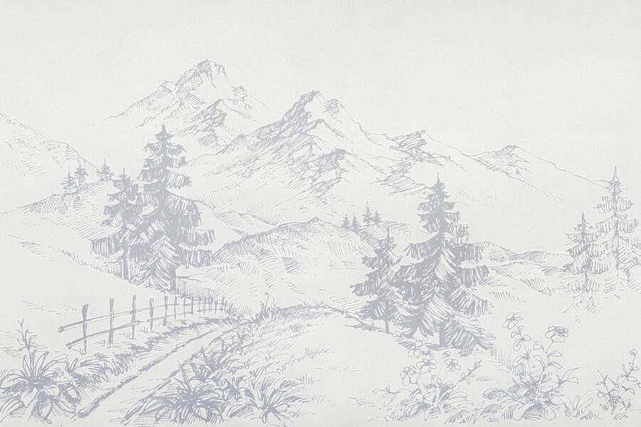A drawing of a road and mountains