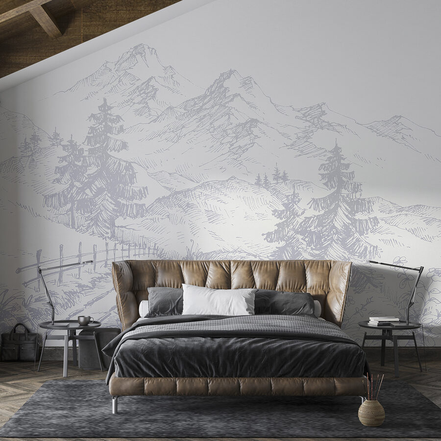 A drawing of a road and mountains