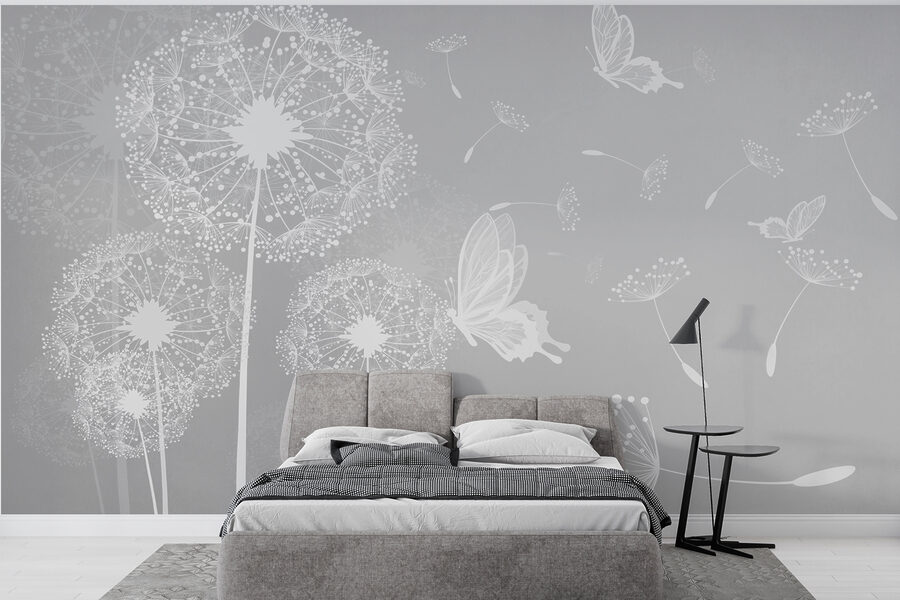 A white dandelions and butterflies