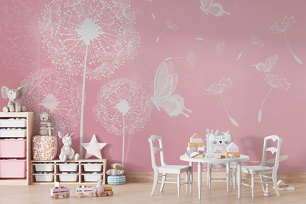 A pink background with white dandelions and butterflies A pink background with white dandelions and butterflies