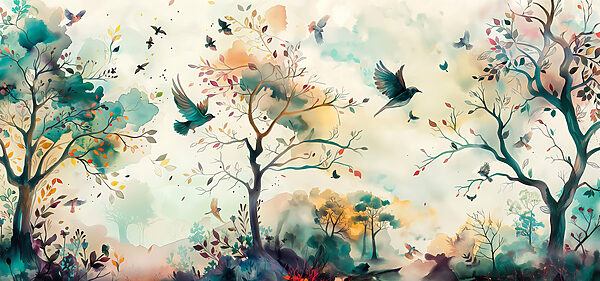 A painting of birds flying in the sky A painting of birds flying in the sky