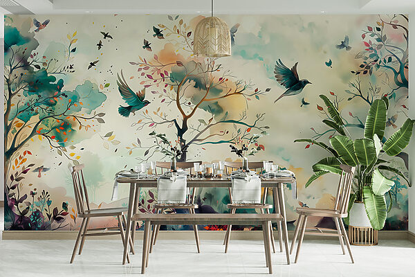 A painting of birds flying in the sky A painting of birds flying in the sky
