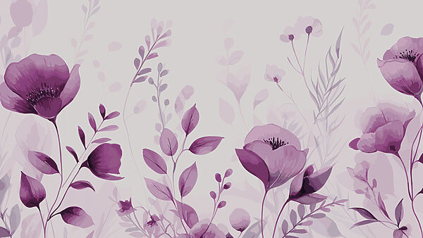 Purple flowers and leaves on a white background