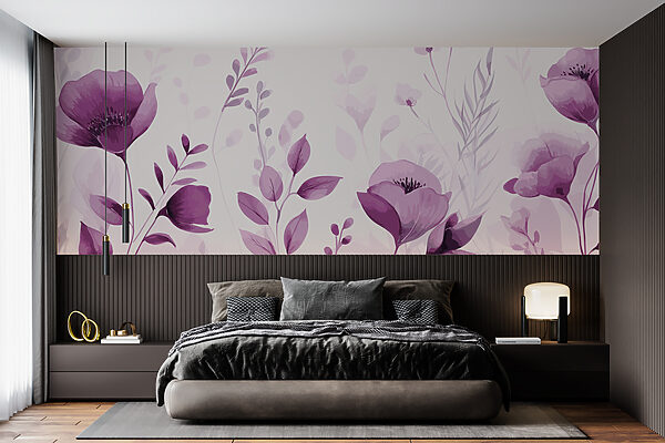 Wall mural Wall mural Purple flowers and leaves on a white background (SKU: u99558v2)