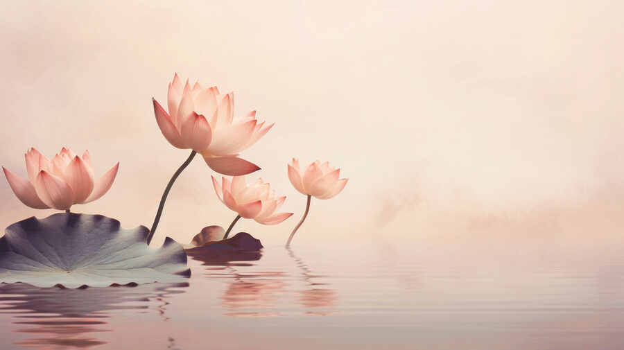 A group of pink flowers in water