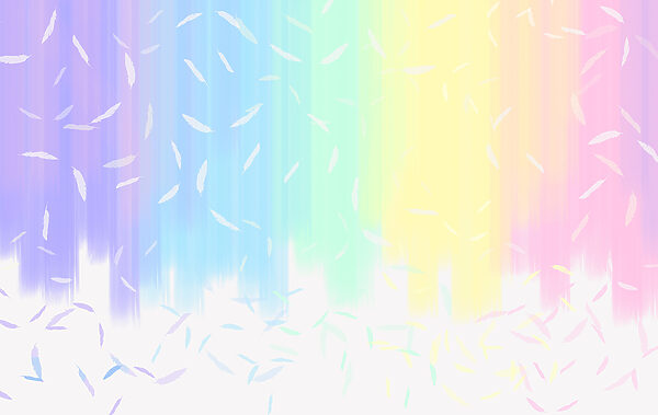 A rainbow colored background with white feathers falling A rainbow colored background with white feathers falling