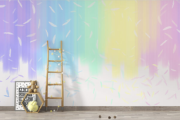 A rainbow colored background with white feathers falling A rainbow colored background with white feathers falling