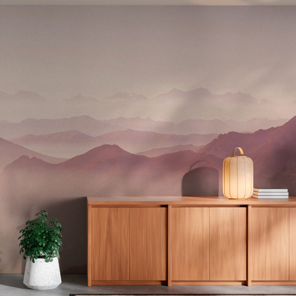 A mountain range with fog