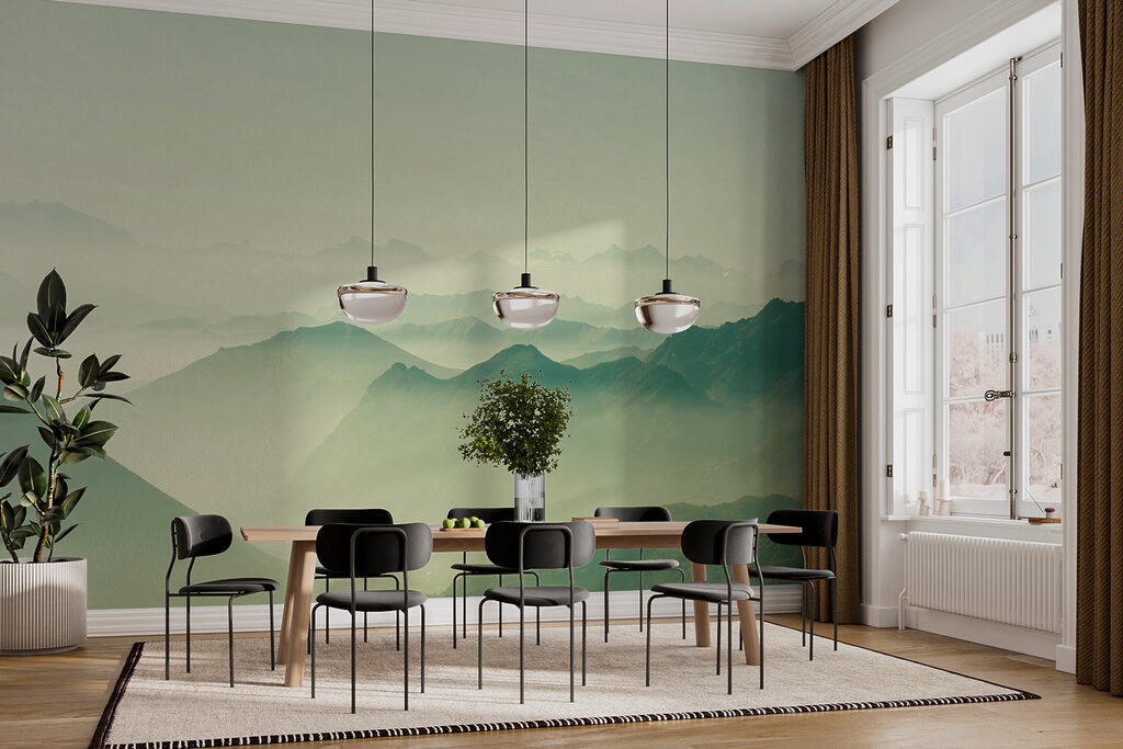 A mountain range with fog