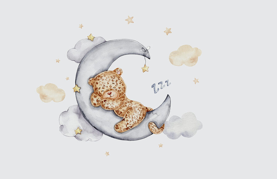A teddy bear sleeping on the moon