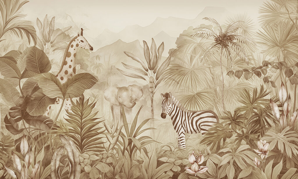 A wallpaper with zebras and elephants in a jungle A wallpaper with zebras and elephants in a jungle