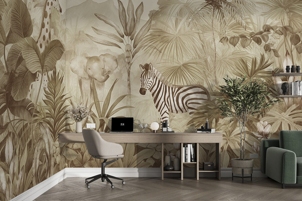 A wallpaper with zebras and elephants in a jungle