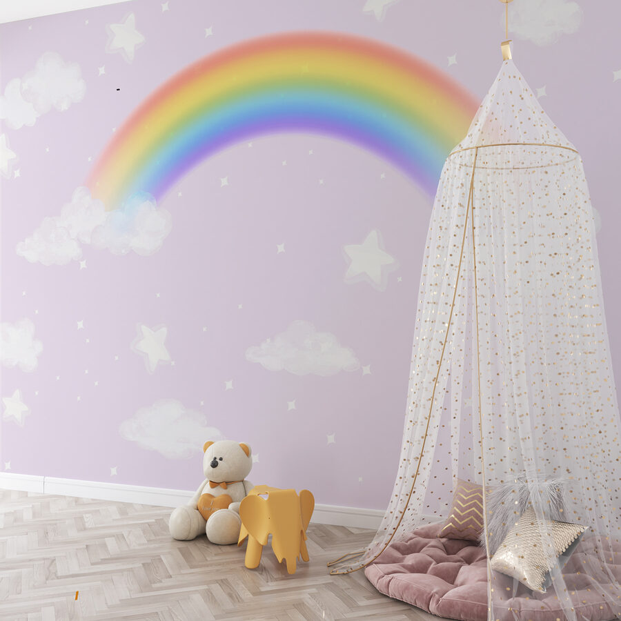 A rainbow and clouds in the sky