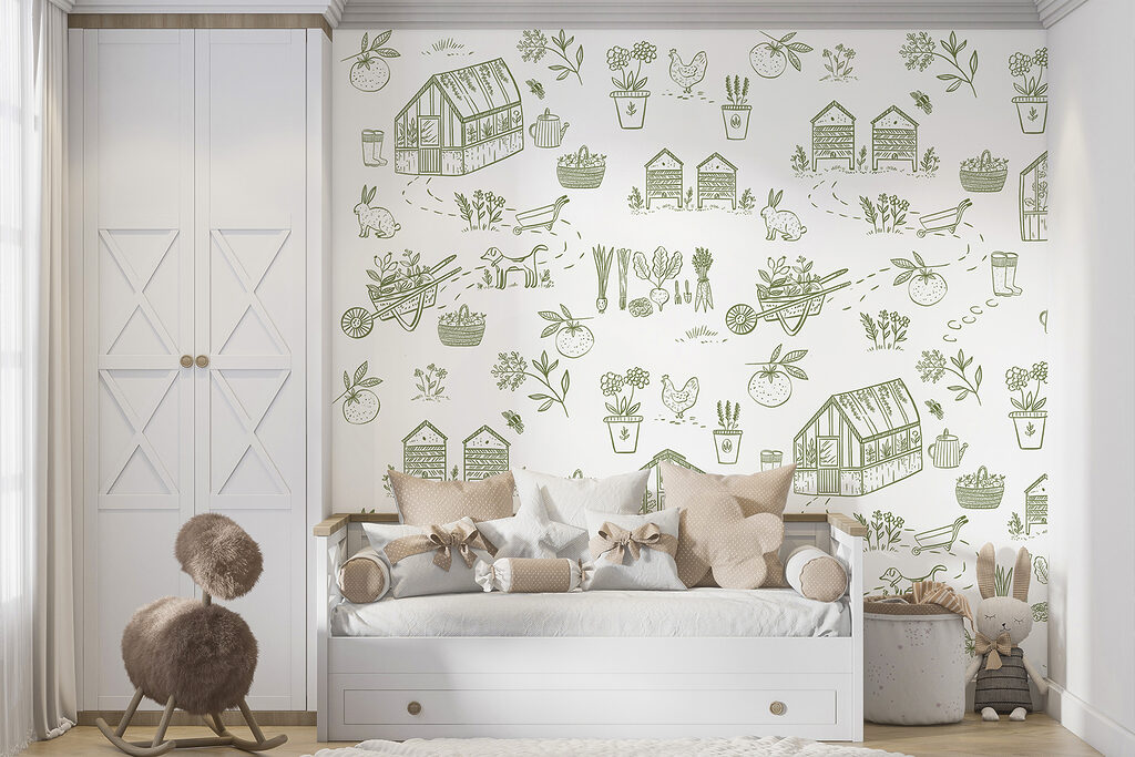 A pattern of gardening tools and plants