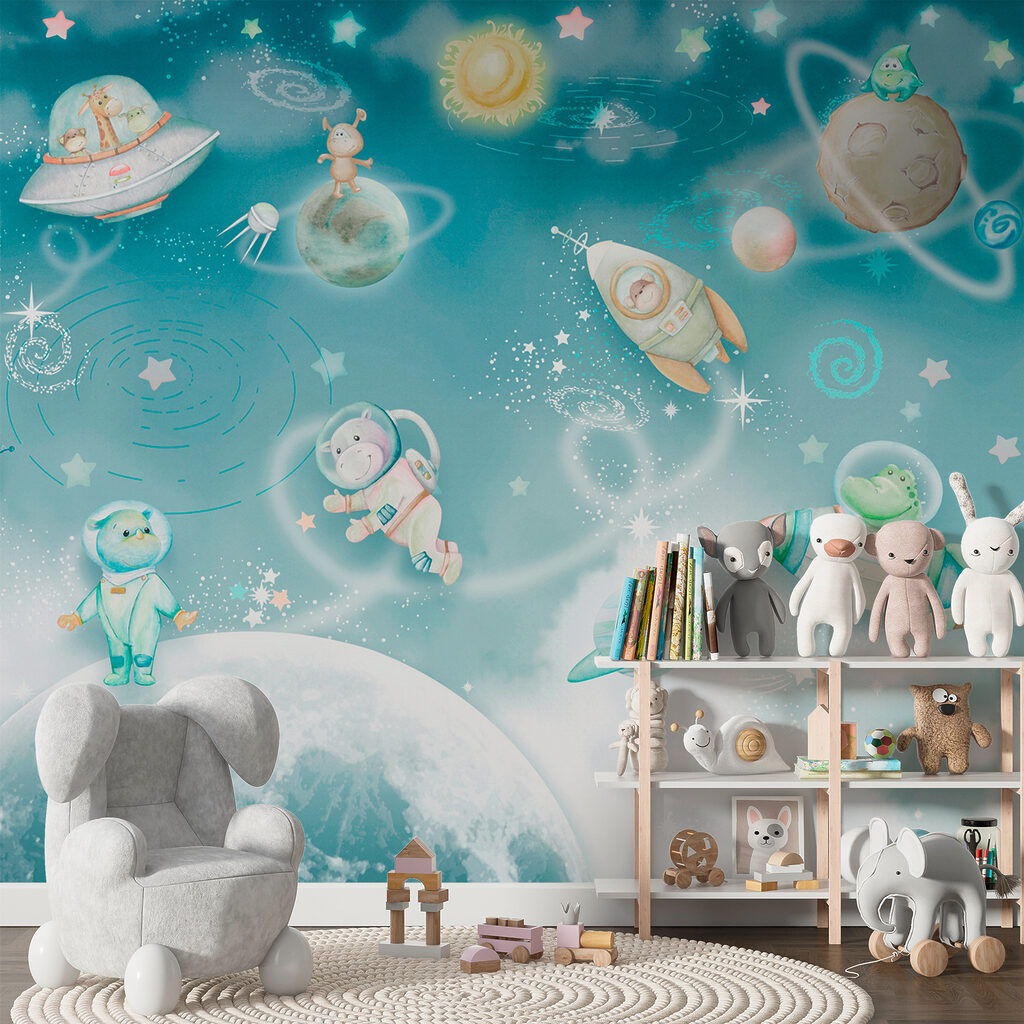 A cartoon space scene with planets and stars