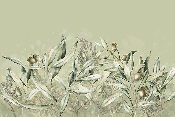A painting of olives and leaves