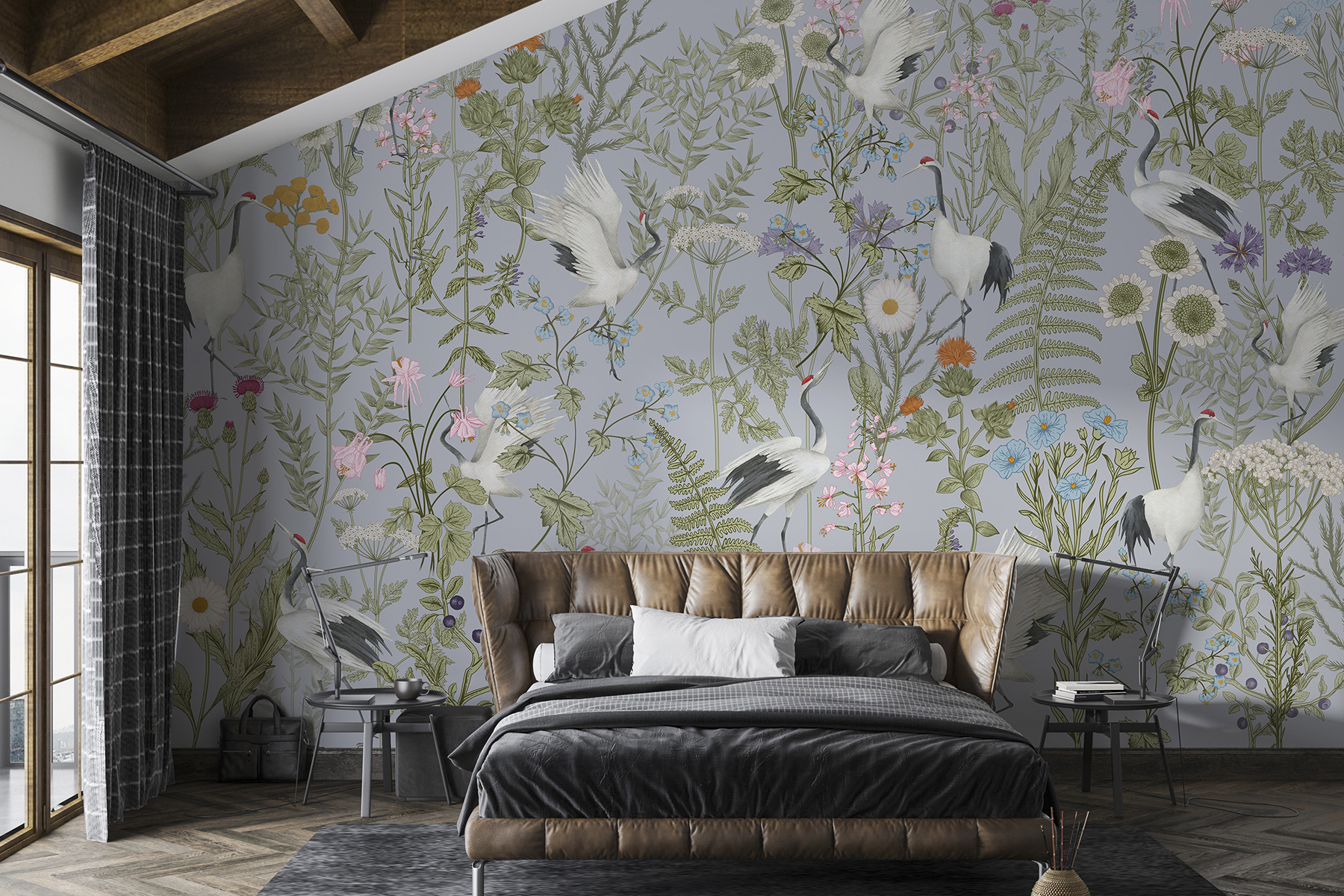 A wallpaper with birds and flowers