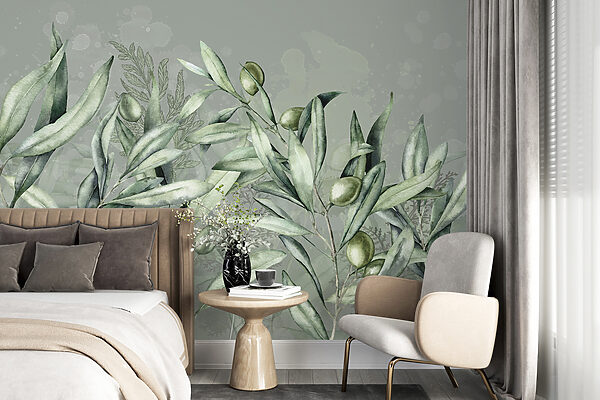Wall mural Wall mural A painting of green leaves and olives (SKU: w00407)