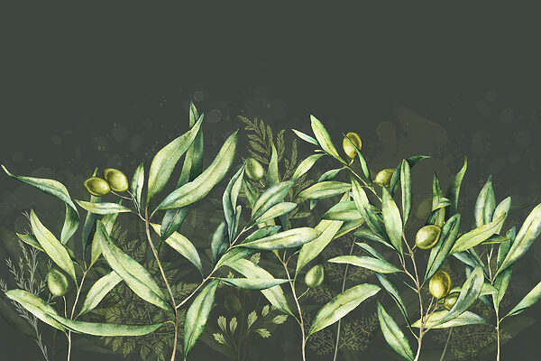 A painting of green leaves and fruits