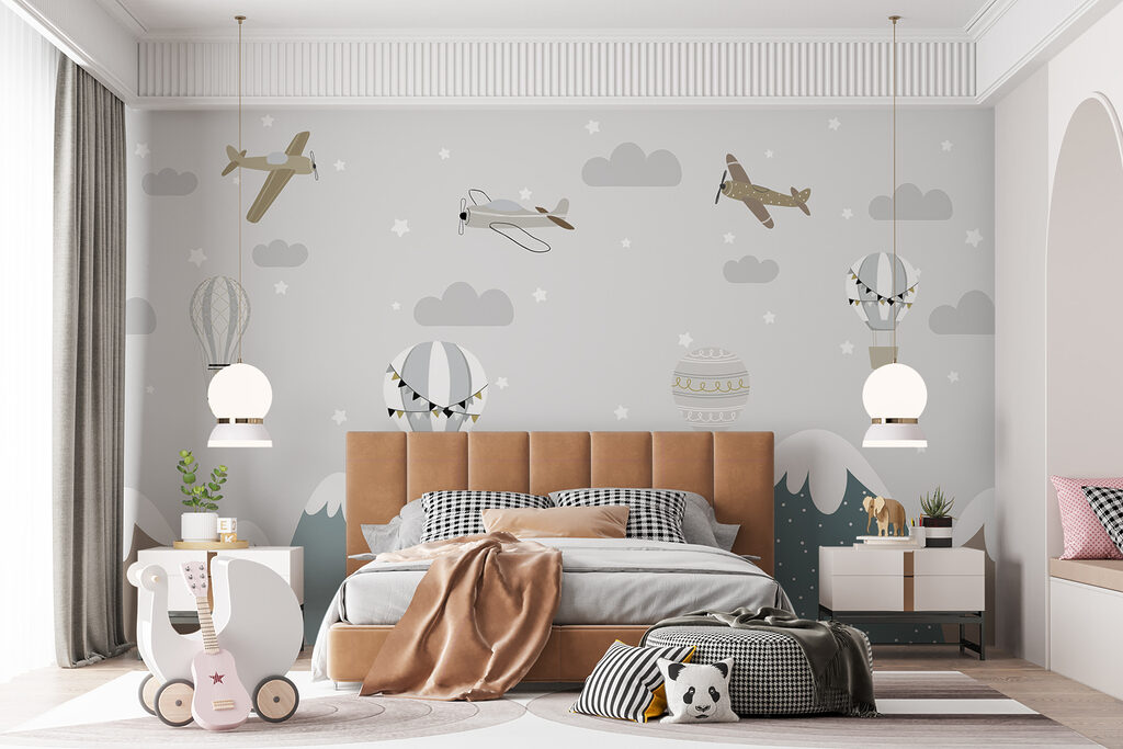 A wallpaper with mountains and airplanes