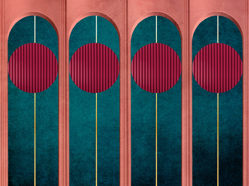 A wall with red circles and blue and green walls A wall with red circles and blue and green walls