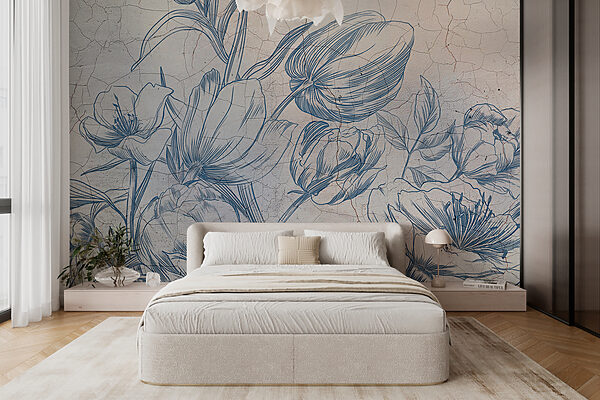 A drawing of flowers on a cracked wall A drawing of flowers on a cracked wall