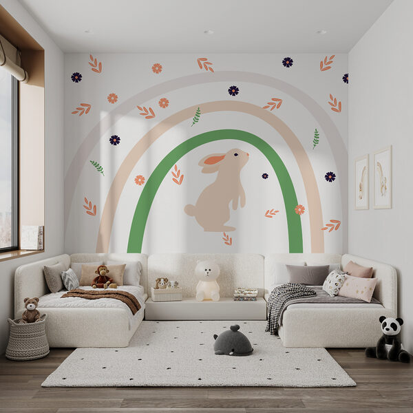 A rabbit and rainbow with flowers A rabbit and rainbow with flowers